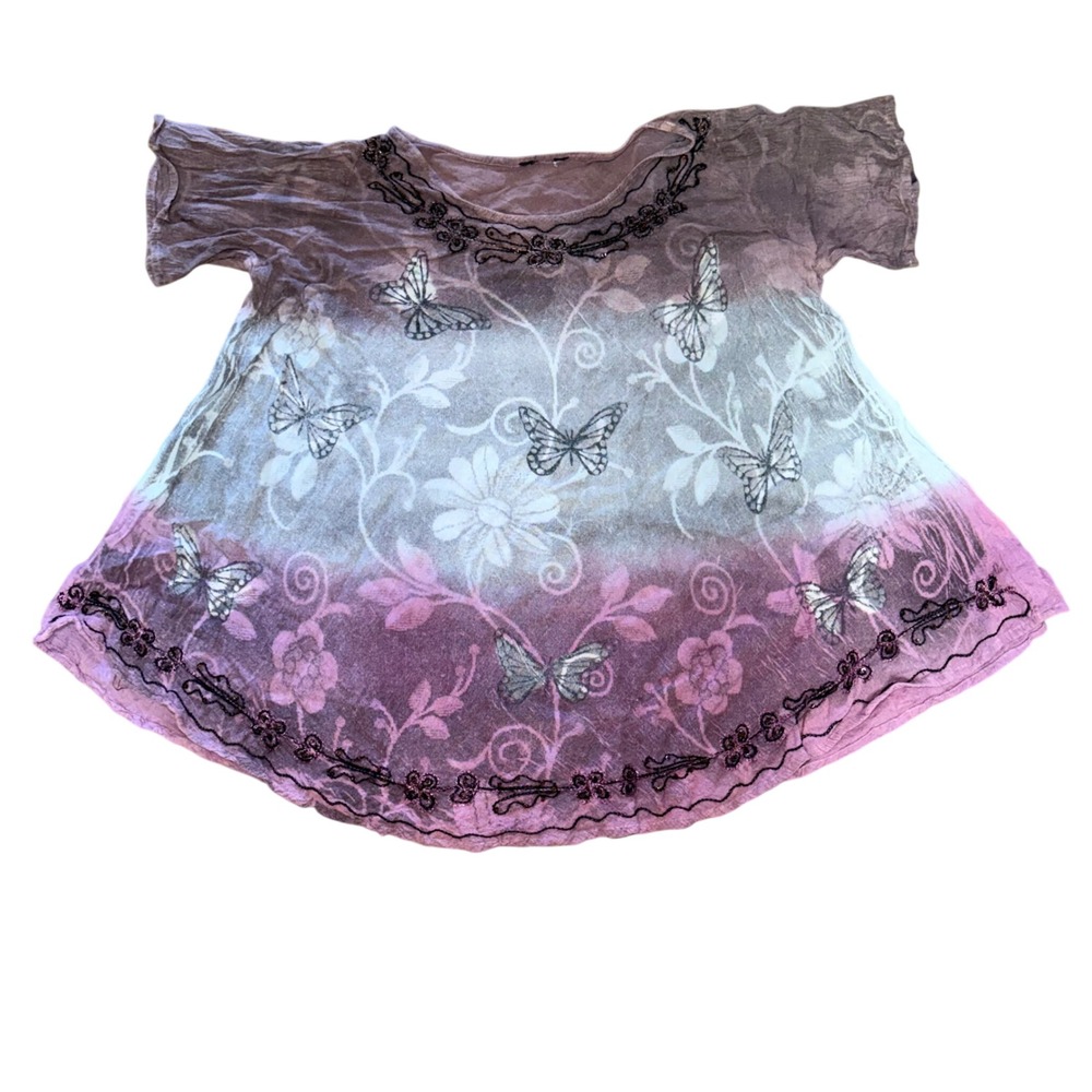 Y2K Boho Butterfly Ombre Top Pink Mauve Embroidered Sequins Fairy Garden Women L